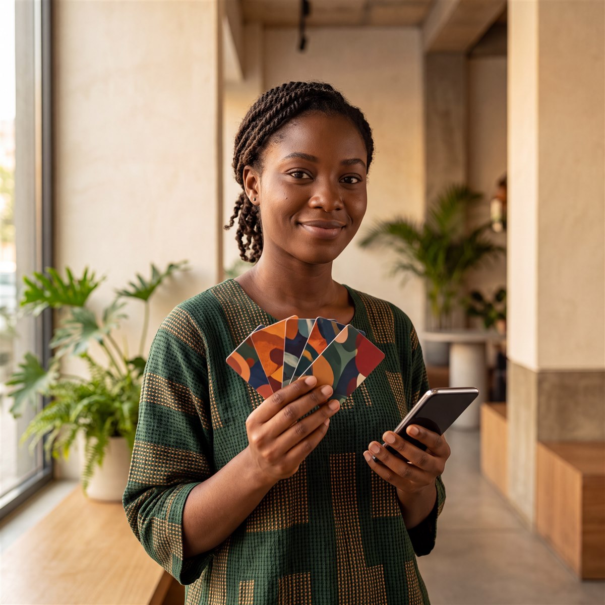 A Ghanaian customer holding colourful gift cards and a mobile phone